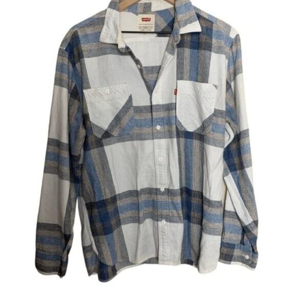 Men’s White and Blue Button Front Plaid Levi’s Flannel Top - Large - Picture 1 of 6